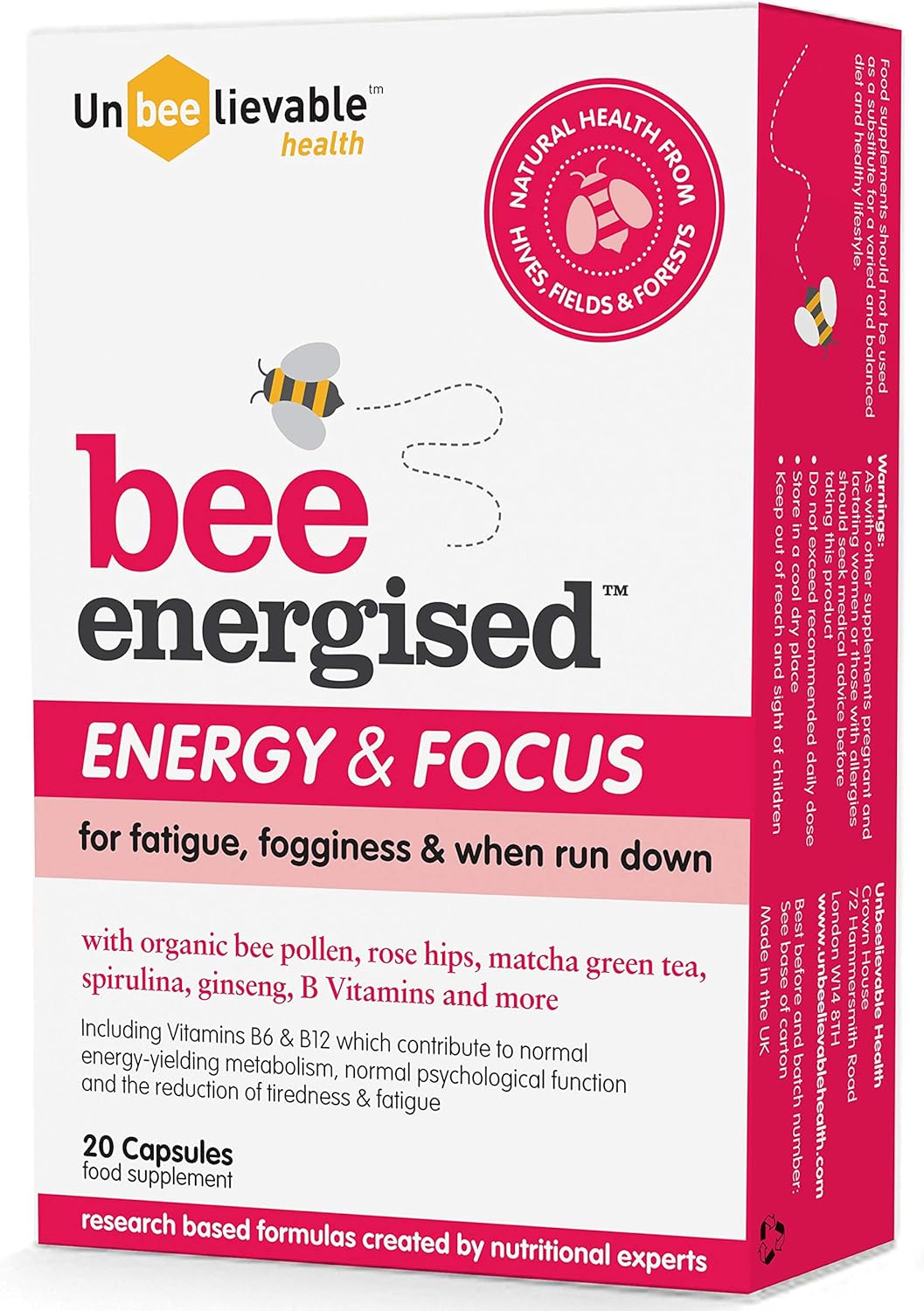 Unbeelievable Health Bee Energised supplement bottle, 20 capsules, on white background.