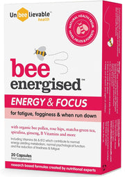 Unbeelievable Health Bee Energised supplement bottle, 20 capsules, on white background.