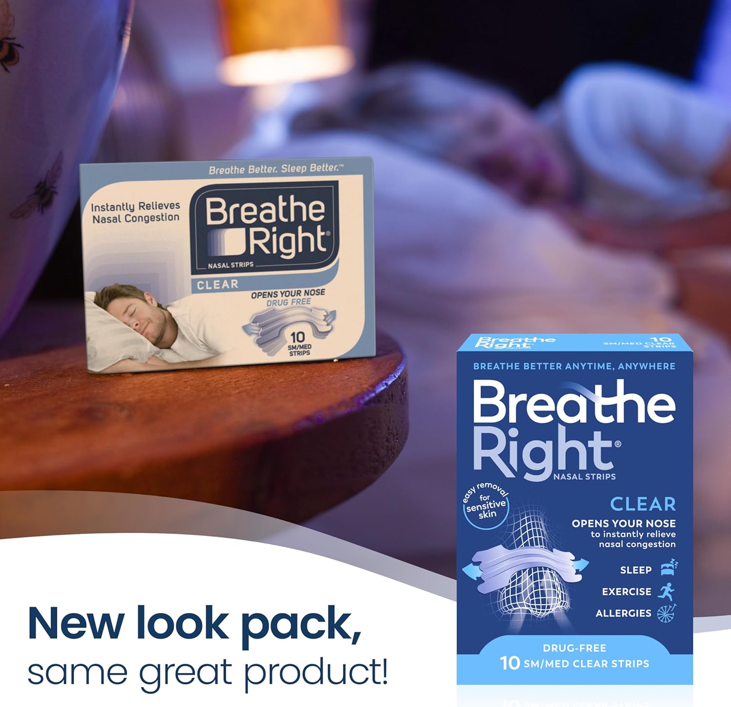 Breathe Right Clear Nasal Strips package, Large size, 10 count, Old & new packaging.