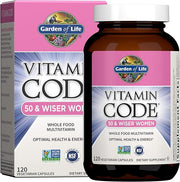 Garden of Life Vitamin Code Raw Multivitamin for Women 50 Plus bottle & box on white background. 120 Count