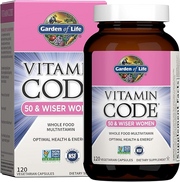 Garden of Life Vitamin Code Raw Multivitamin for Women 50 Plus bottle & box on white background. 120 Count