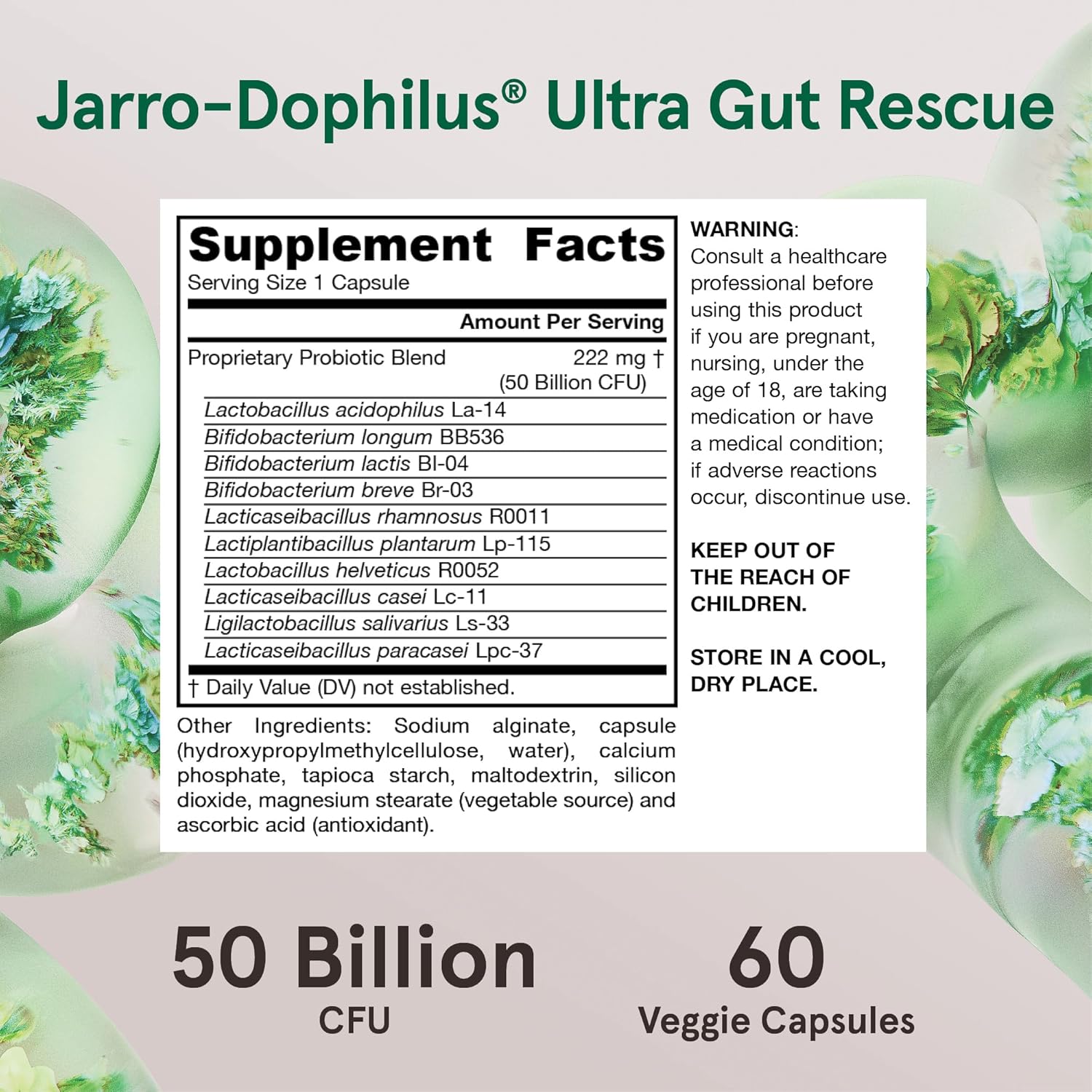 Supplement Facts Image: Jarrow Formulas Jarro-Dophilus 50 billion CFU probiotic supplement facts and ingredients 60 count