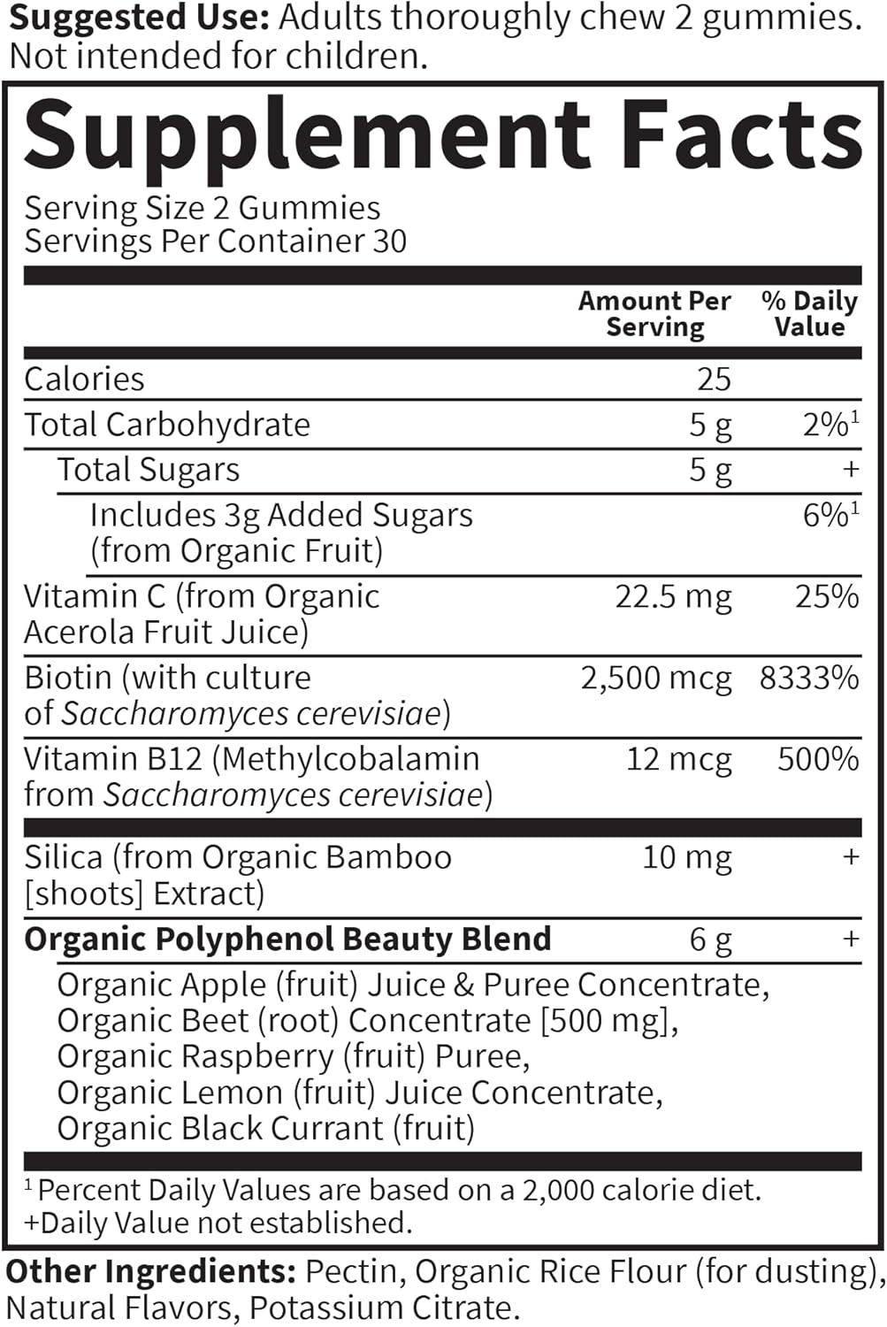 Supplement facts and ingredient list for Beet Root Beauty Gummies.