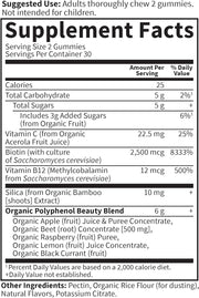 Supplement facts and ingredient list for Beet Root Beauty Gummies.