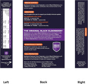 Supplement package with black elderberry and vitamin C, showing front, back, and side views.