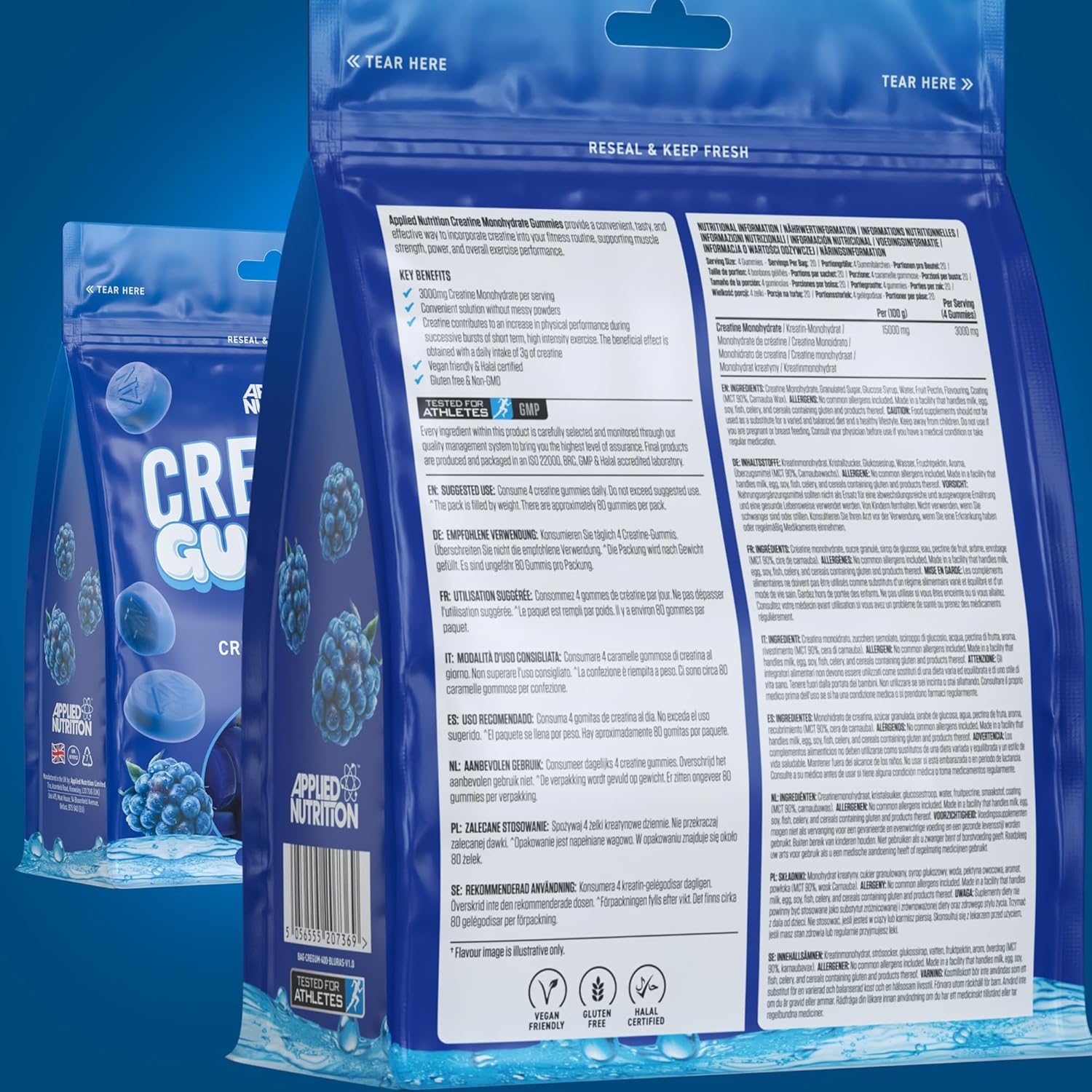 Supplement Facts & Ingredients Image: Applied Nutrition creatine gummies ingredients label 80 count