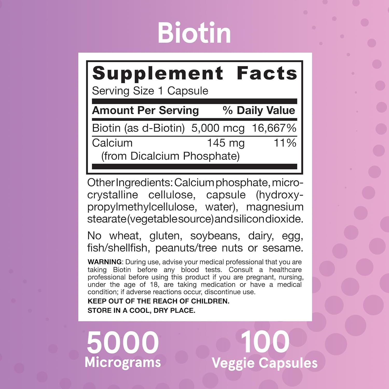 Supplement facts and directions for Jarrow Biotin.