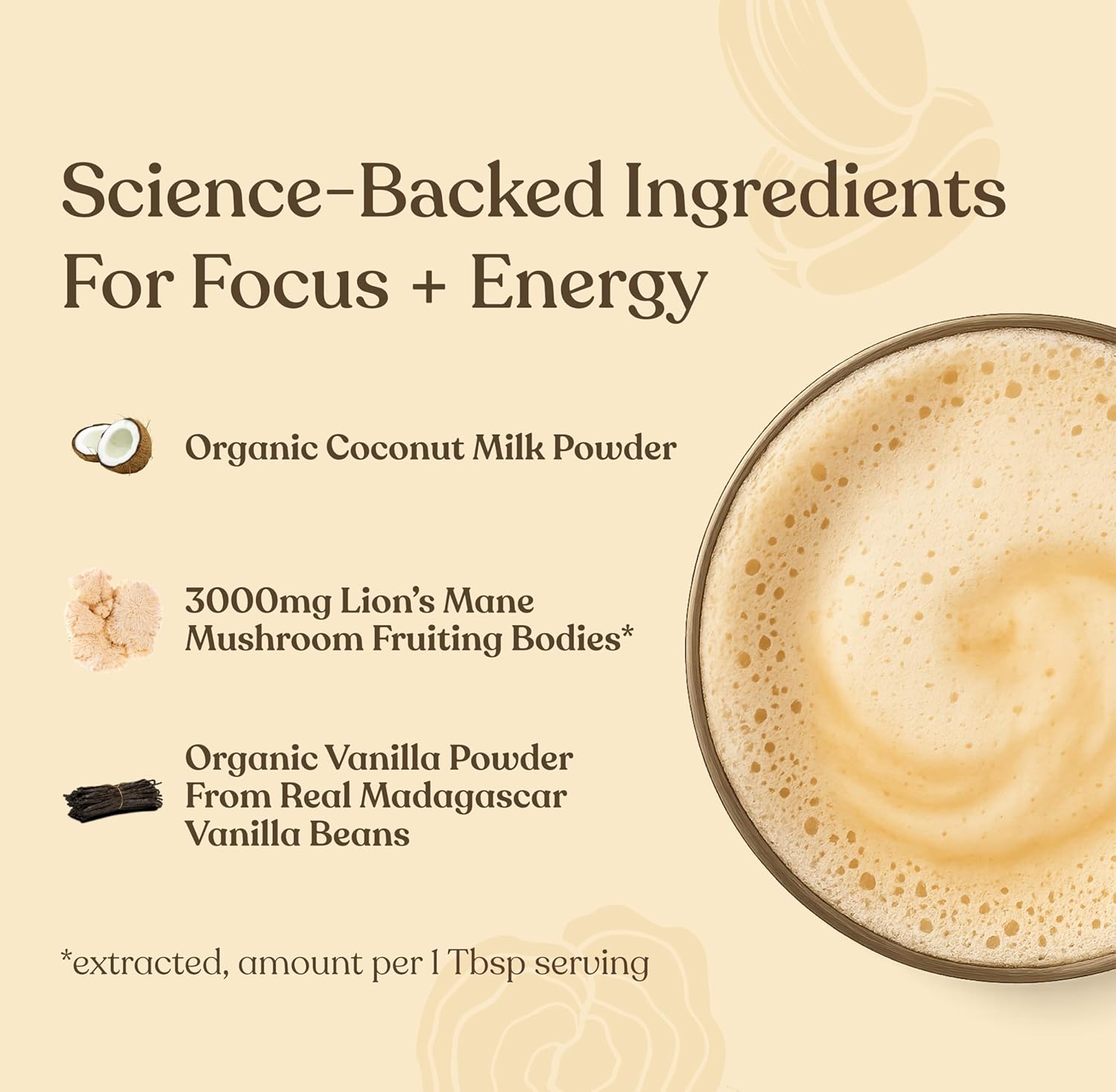Product ingredients list with a cup of coffee on a beige background