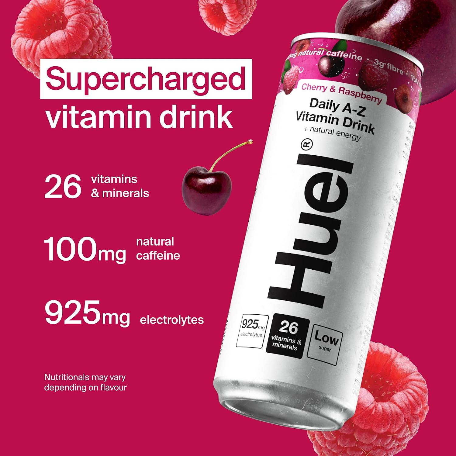 Huel Daily A-Z Vitamins Drink, aluminium can packaging, Cherry & Raspberry flavour, 12 x 330ml, ingredients and nutrition information