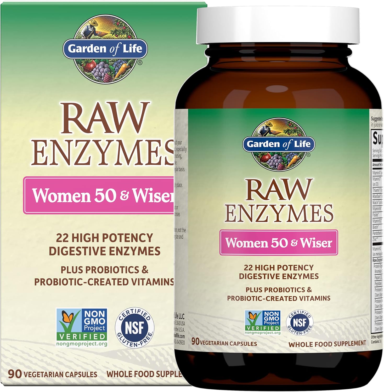 Garden of Life RAW Enzymes Women 50 & Wiser bottle & box, 90 vegetarian capsules.