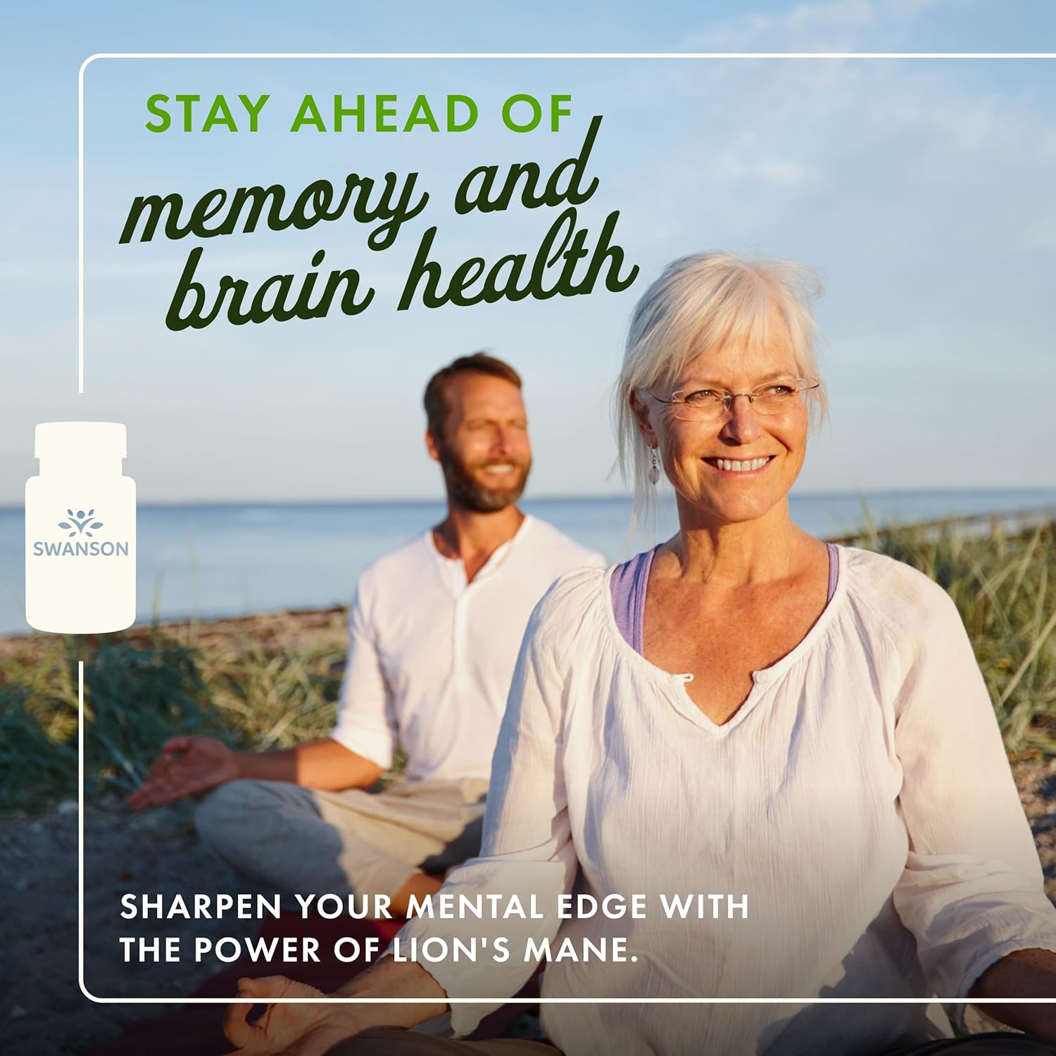 Two people sitting on a beach with text about Swanson supplements for memory and brain health.