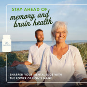 Two people sitting on a beach with text about Swanson supplements for memory and brain health.