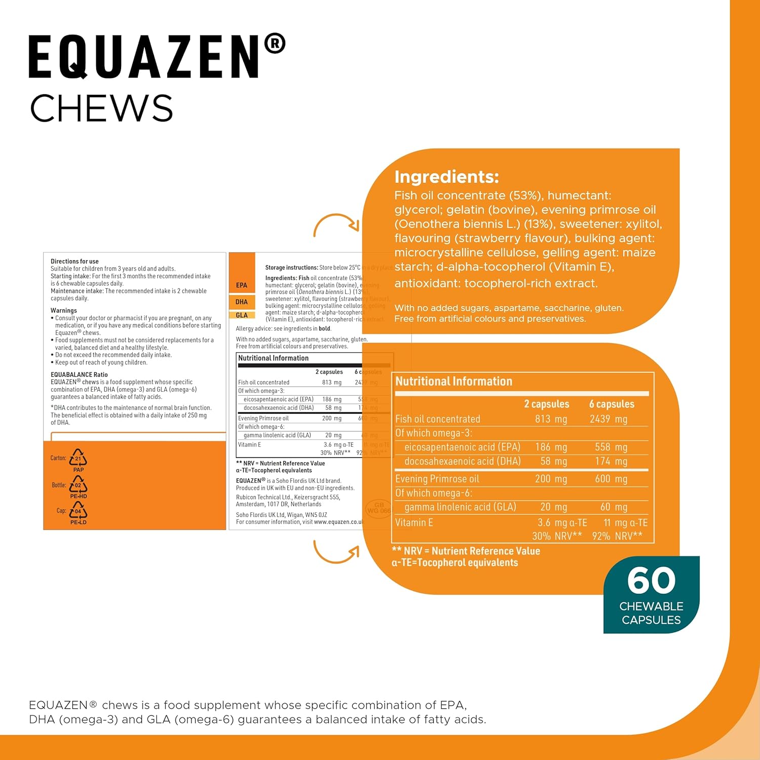 Package of Equazen Chews with ingredients, nutritional information, and packaging details on a white background.