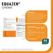 Package of Equazen Chews with ingredients, nutritional information, and packaging details on a white background.
