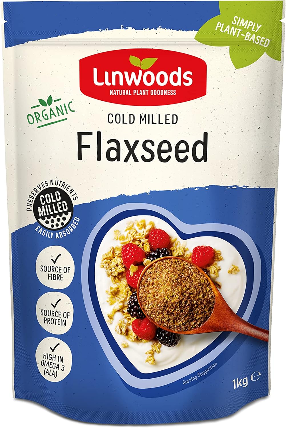 Front image: Linwoods Organic Cold Milled Flaxseed powder pouch 1kg natural unflavoured