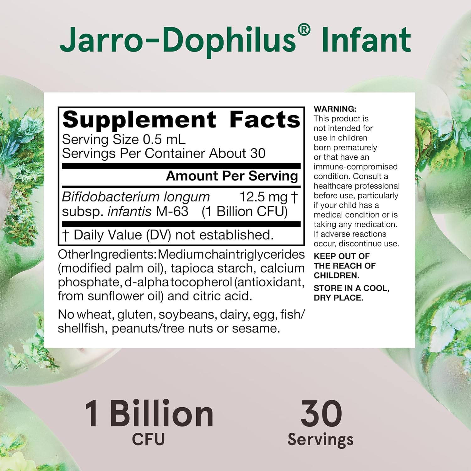 Supplement Facts Image: Jarrow Formulas Jarro-Dophilus Infant probiotic supplement facts ingredients 15ml 1 billion CFU