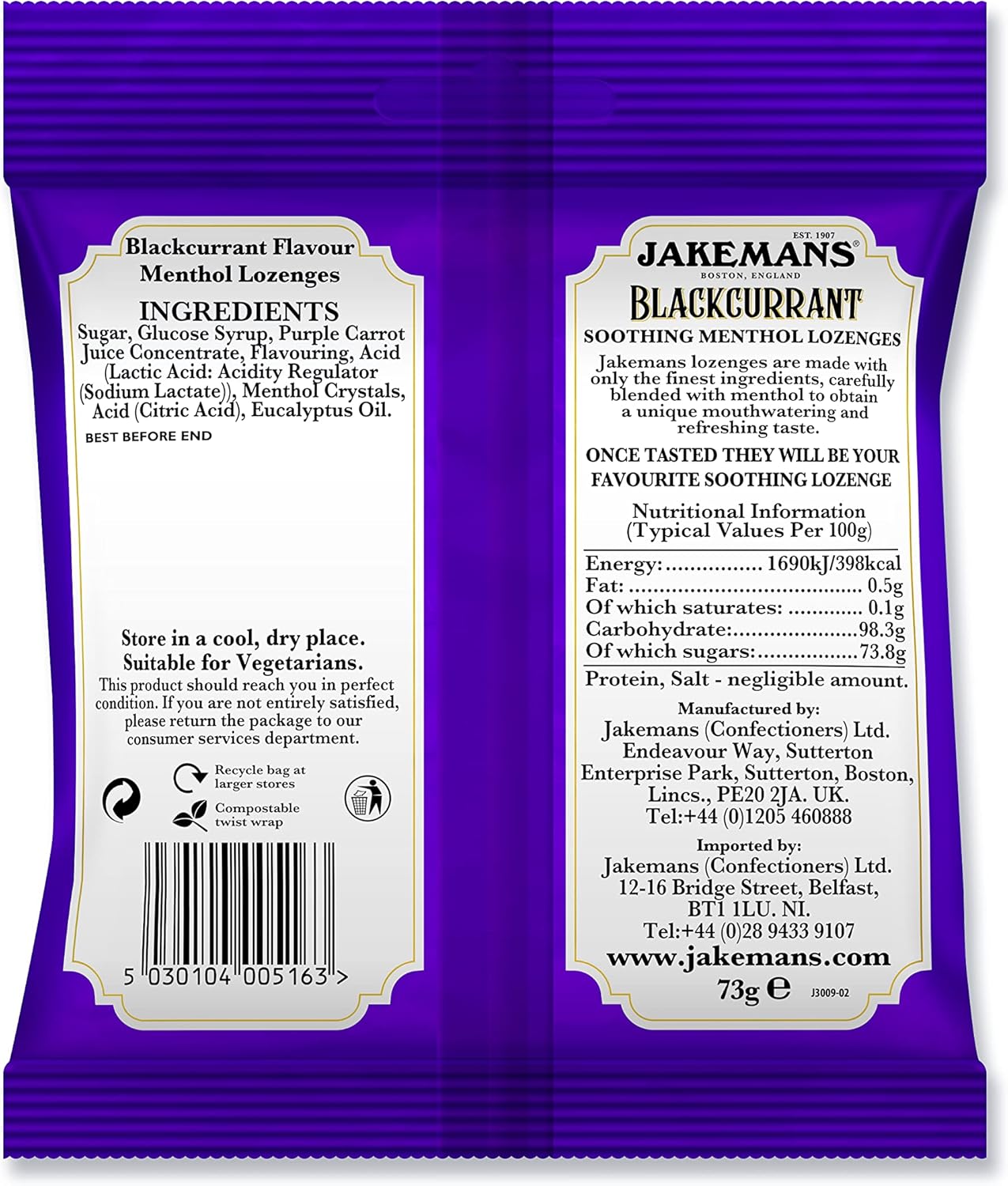 Jakemans Blackcurrant Menthol Lozenges bag packaging blackcurrant flavour 12 x 73g ingredients, barcode and product information panel