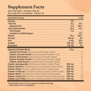 Four Sigmatic protein powder ingredients and product information panel on packaging