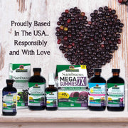 Collection of Nature's Answer Sambucus products with a heart made of elderberries on a wooden background.