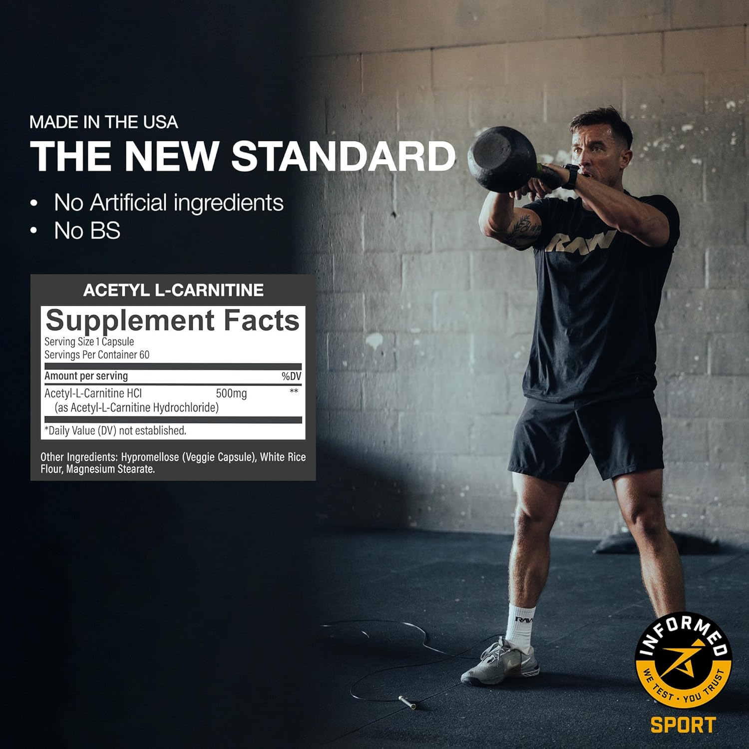 Raw Nutrition Acetyl-L-Carnitine 500mg 60 capsules supplement facts label