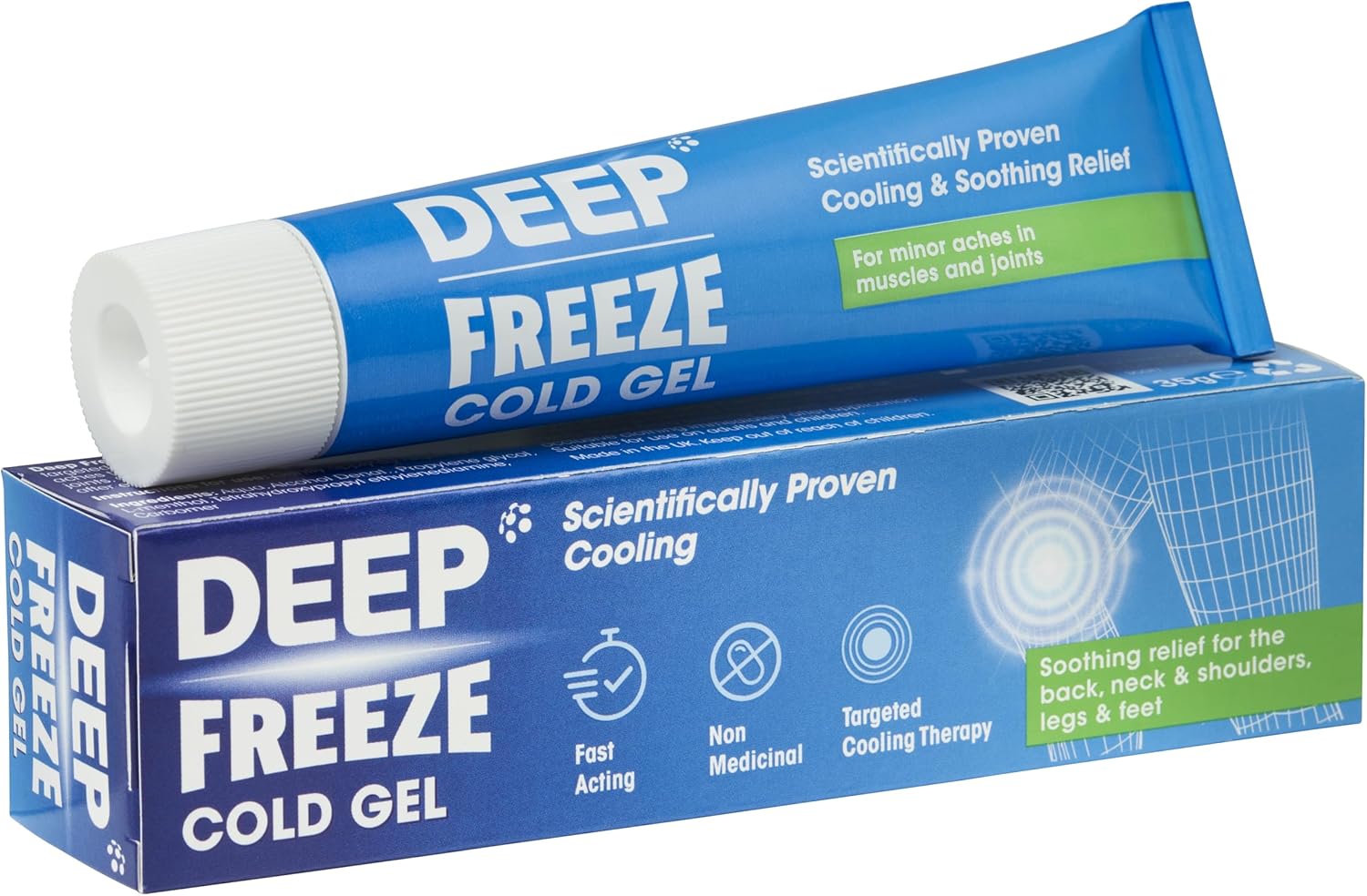 Deep Freeze Cold Gel 35g tube & box, blue and white packaging, on white background.