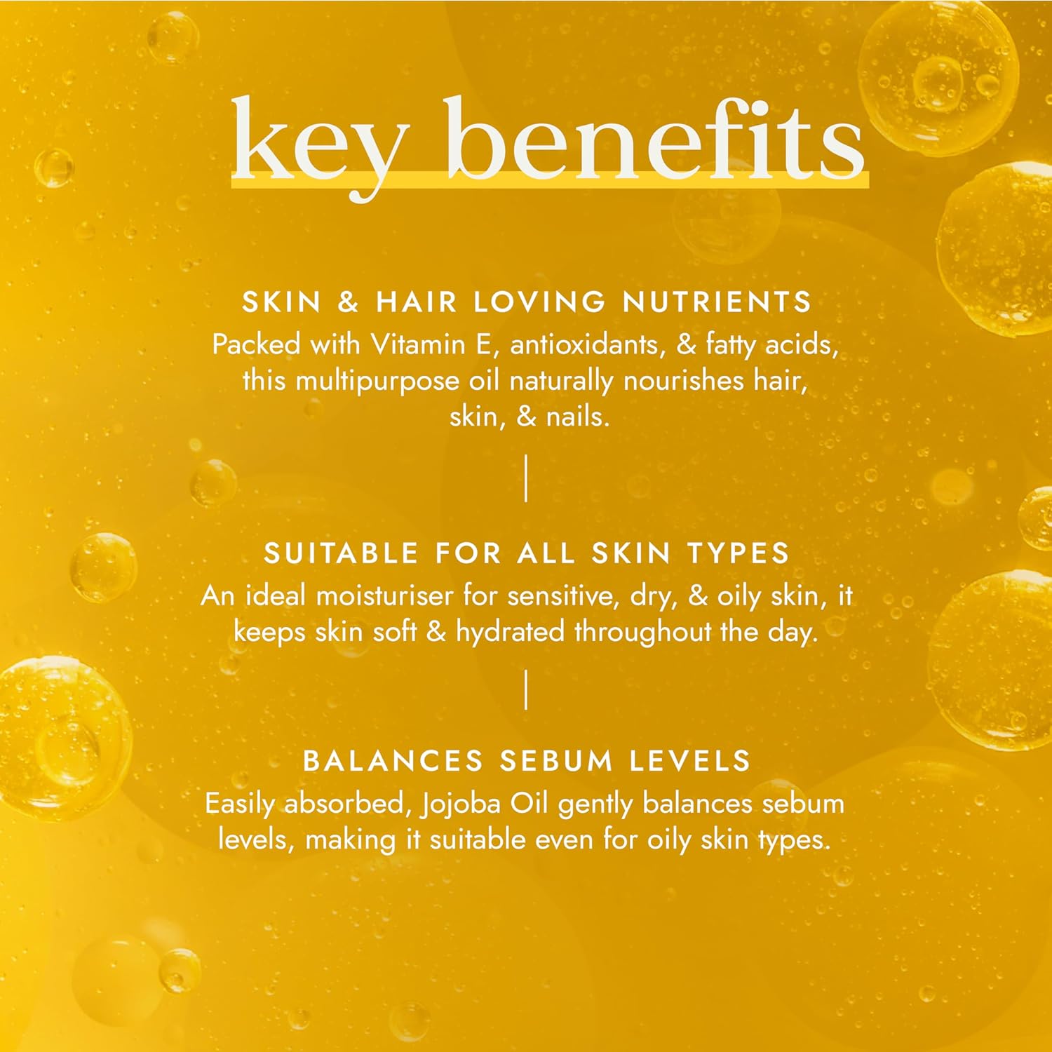 Key benefits of a multipurpose oil on a yellow background with oil droplets.