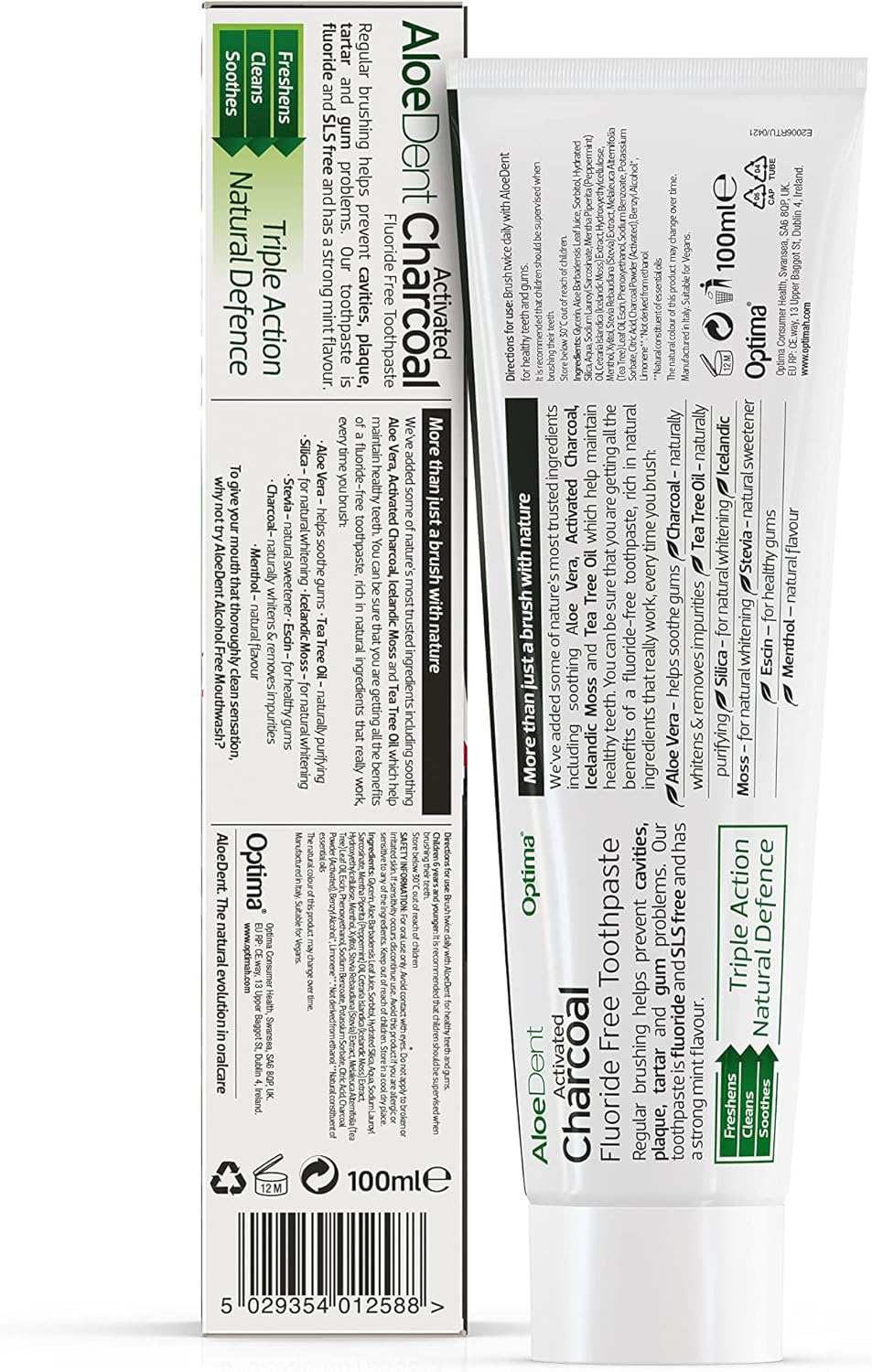 Back Image: Aloe Dent activated charcoal toothpaste fluoride free vegan 100ml tube & box 