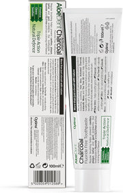 Back Image: Aloe Dent activated charcoal toothpaste fluoride free vegan 100ml tube & box 