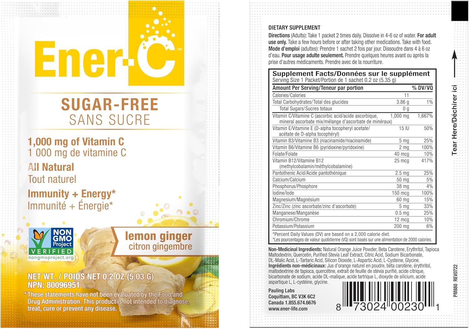 Ener-C Sugar Free Lemon Ginger vitamin powder mix front label sachets with barcode.