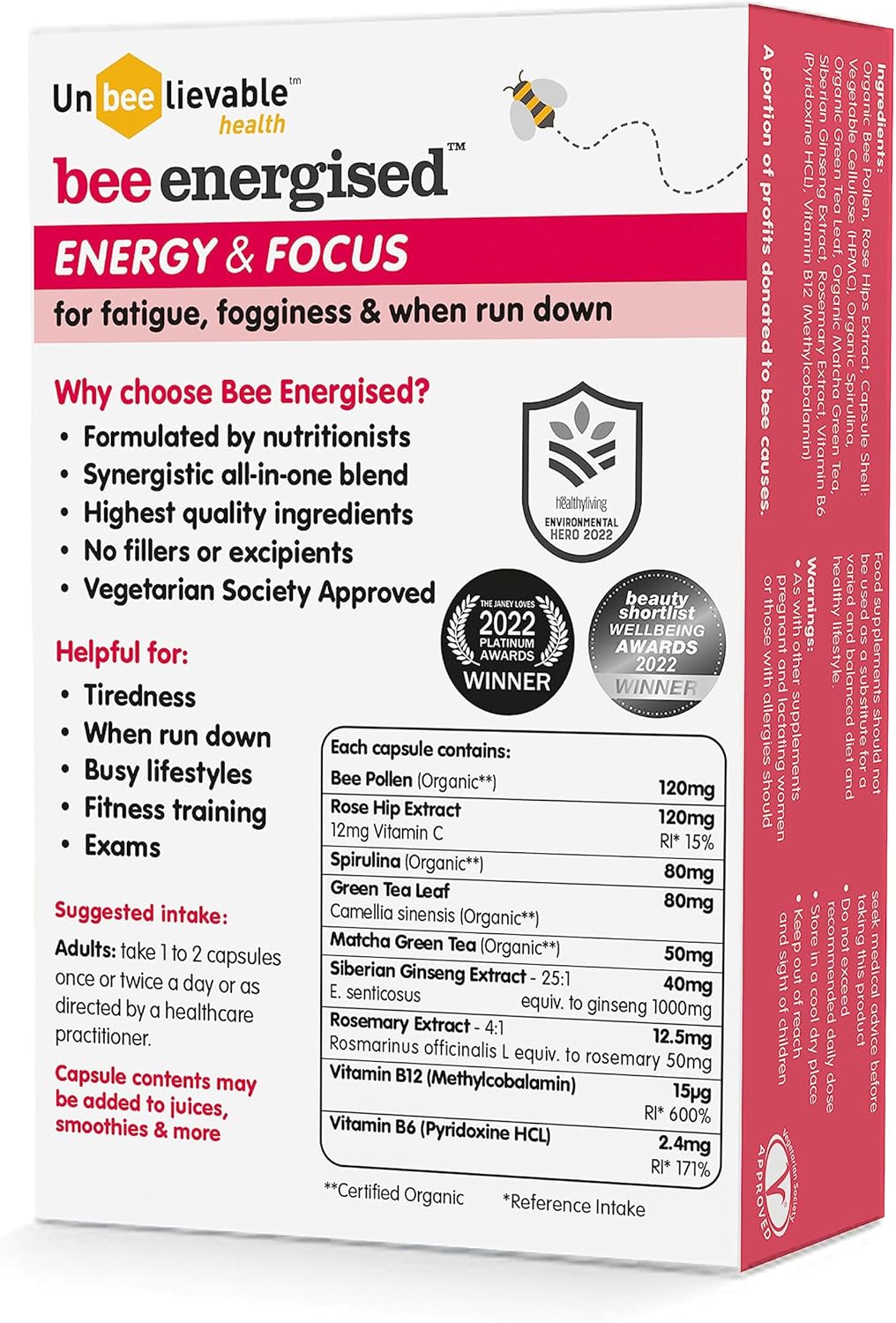 Supplement facts panel and ingredients list for Bee Energised capsules.