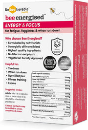 Supplement facts panel and ingredients list for Bee Energised capsules.