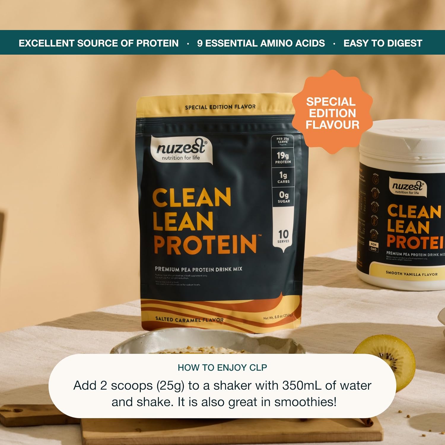 Nuzest Clean Lean Protein Powder, Salted Caramel flavour, 250g dosage.