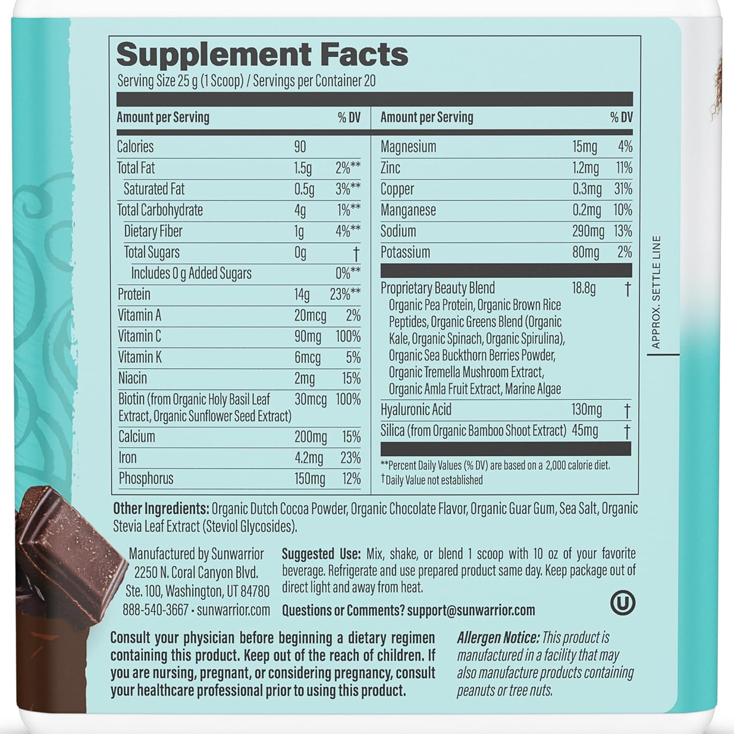 Supplement facts for Sunwarrior Plant-Based Beauty Protein - Chocolate Fudge