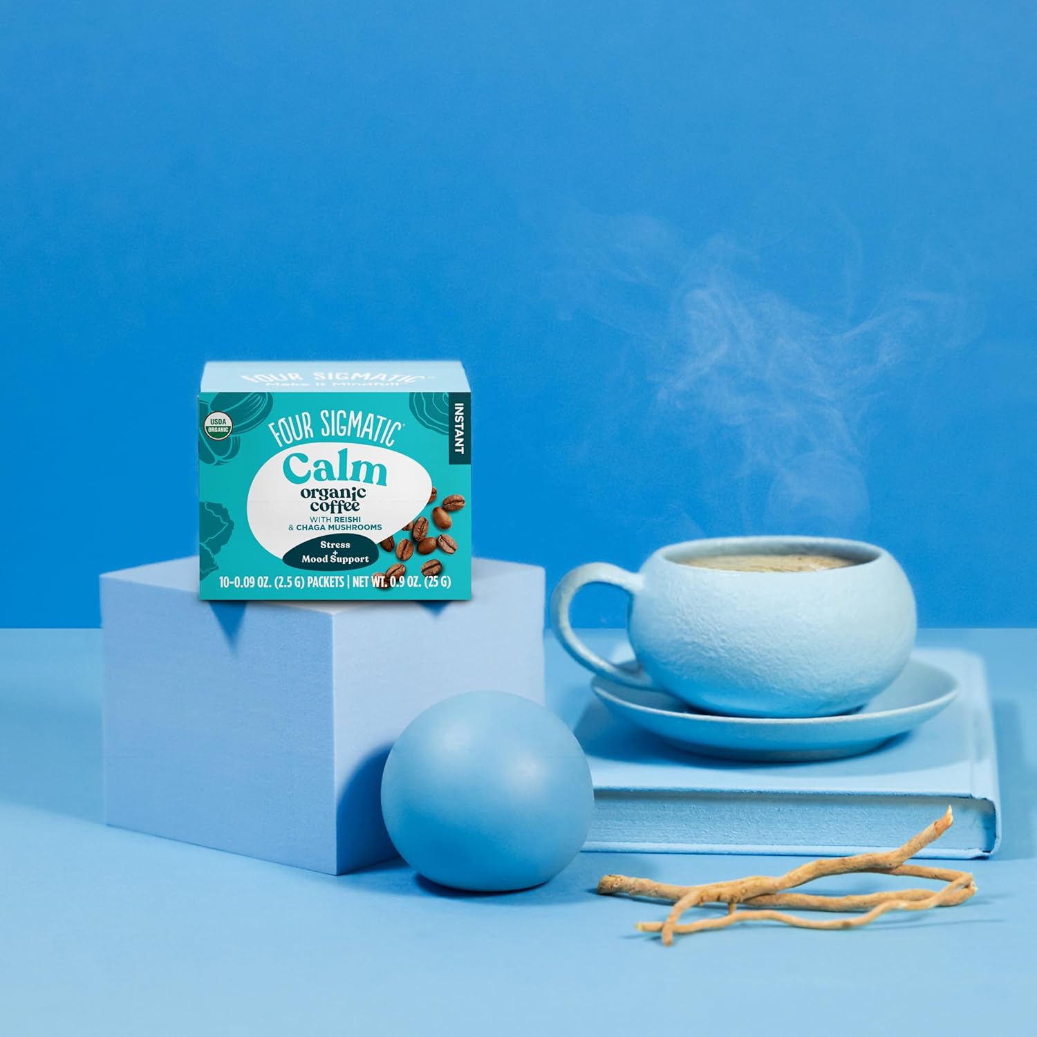 How to use
Four Sigmatic half caf instant coffee preparation instructions sachet display on white background