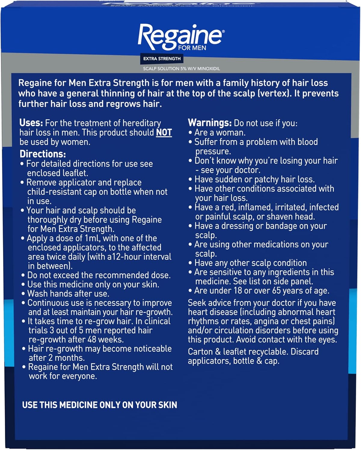 Regaine for Men Extra Strength packaging with directions and warnings.