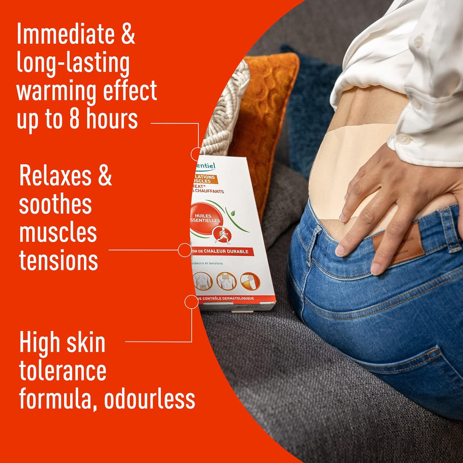 Puressentiel warming patch applied to the lower back for comfort.