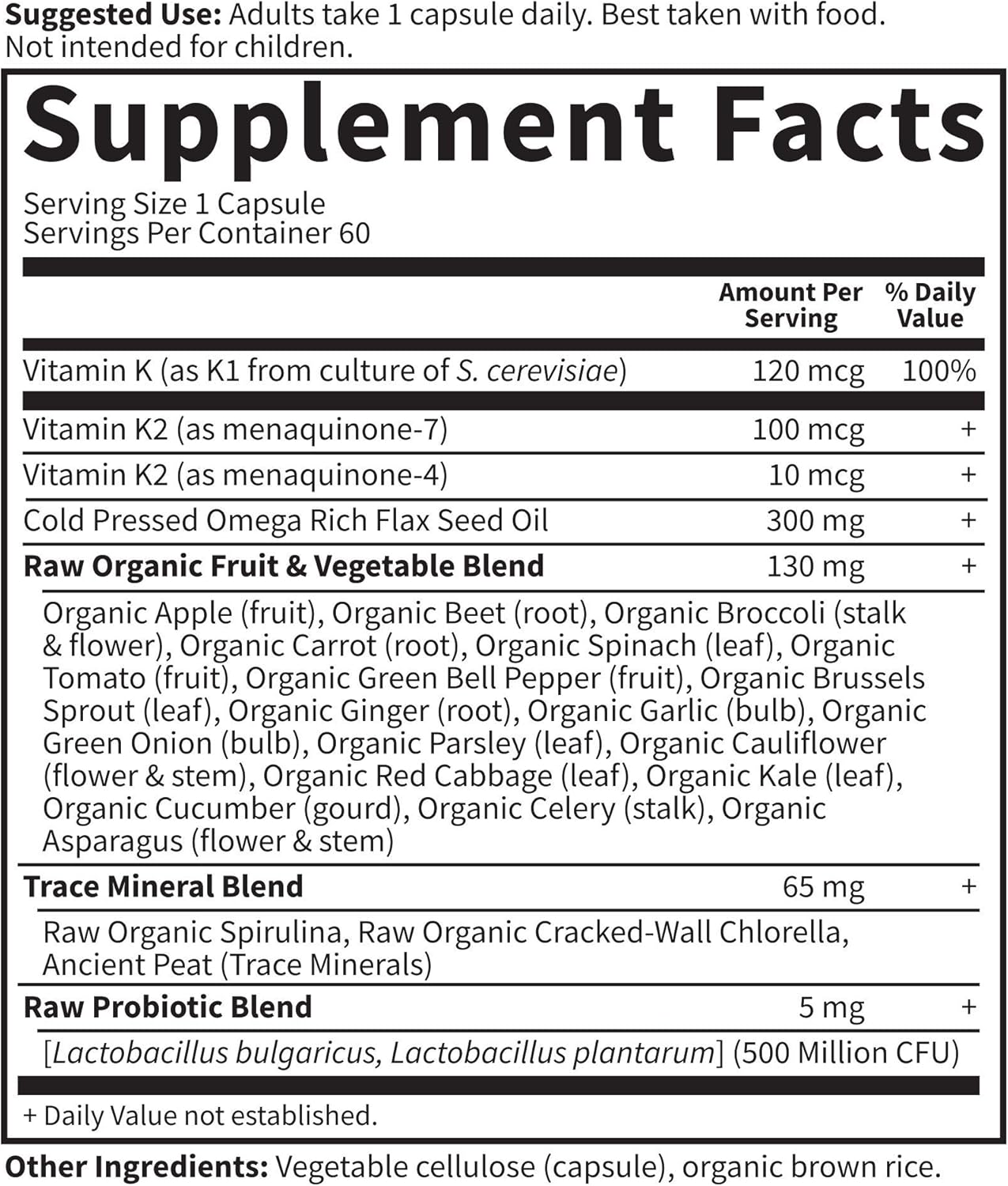 Supplement facts and ingredient list for Raw K Complex