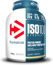 Dymatize ISO100 Hydrolyzed protein powder container on a white background