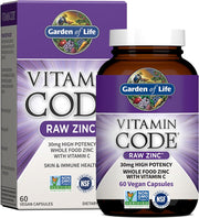 Garden of Life Vitamin Code Raw Zinc bottle & box, 30mg with Vitamin C, 60 vegan capsules.