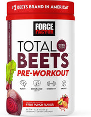 Force Factor Total Beets Pre-Workout Powder tub, fruit punch flavor, 30 servings.