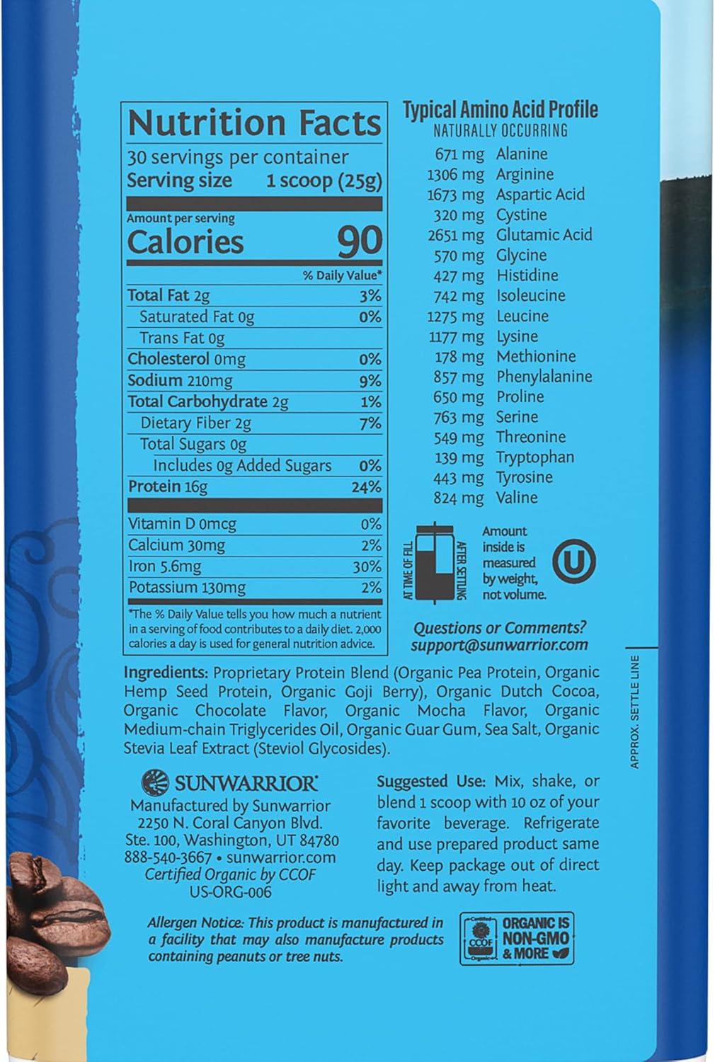 Back of Sunwarrior mocha protein powder showing organic ingredients.