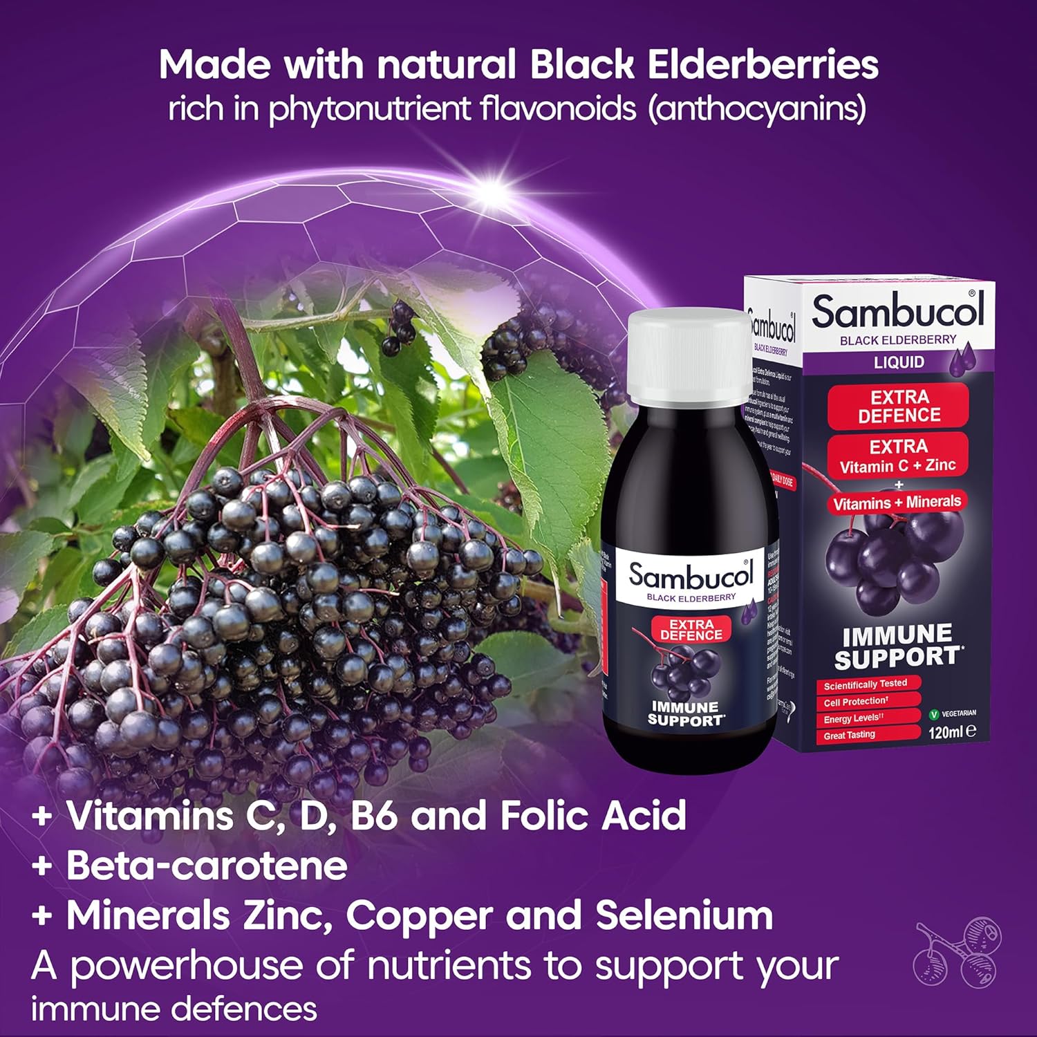 Sambucol immune support product with black elderberries on a purple background