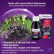 Sambucol immune support product with black elderberries on a purple background