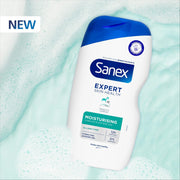 Front image: Sanex Expert Skin Health moisturising shower gel bottle body wash 570ml new packaging