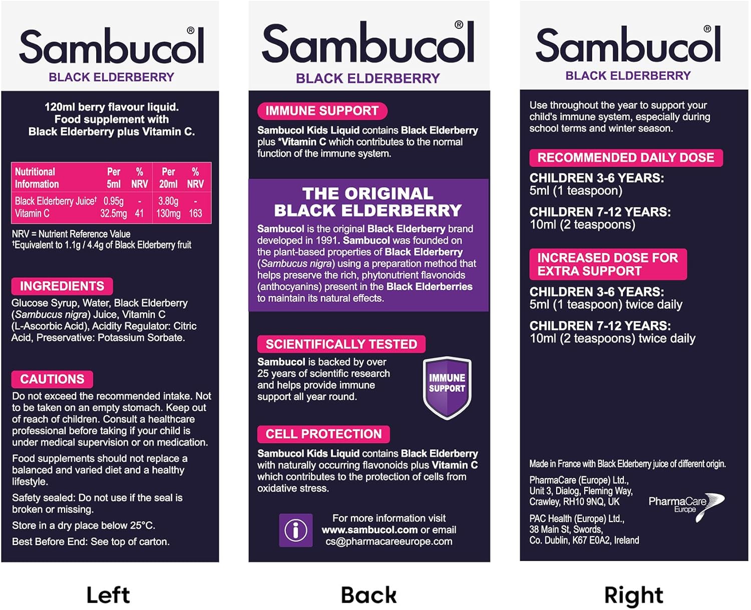 Three panels of Sambucol Black Elderberry product packaging with different information sections.