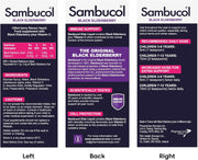 Three panels of Sambucol Black Elderberry product packaging with different information sections.
