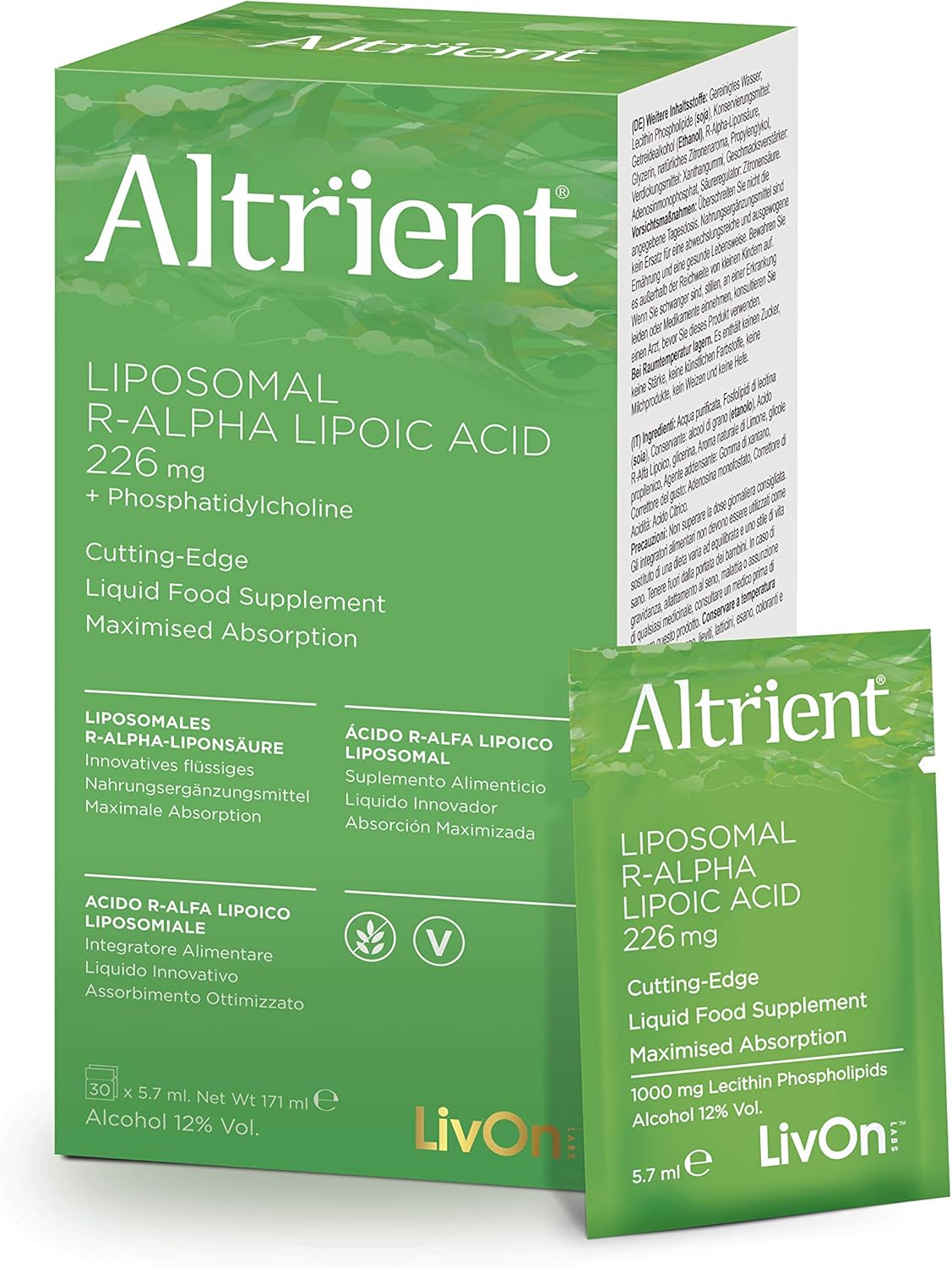 Altrient liposomal R-alpha lipoic acid 226mg 30 sachets box packaging