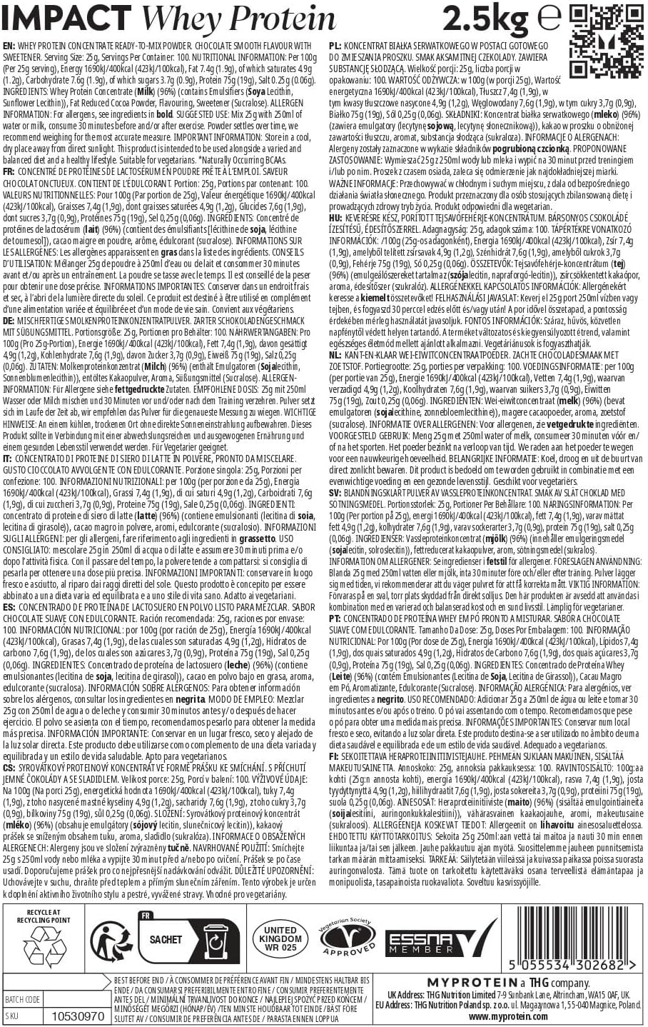 MyProtein Impact Whey Protein Powder Chocolate Smooth flavour nutrition facts ingredients label 2.5kg pouch