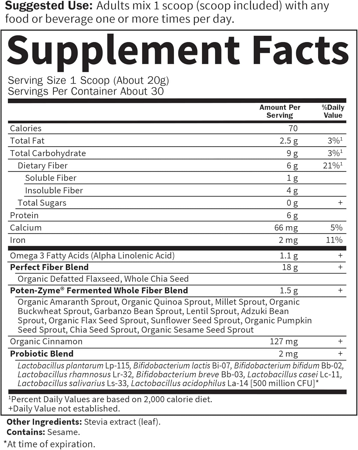 Supplement facts label for Super Seed powder with fiber and protein.