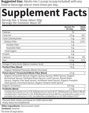 Supplement facts label for Super Seed powder with fiber and protein.